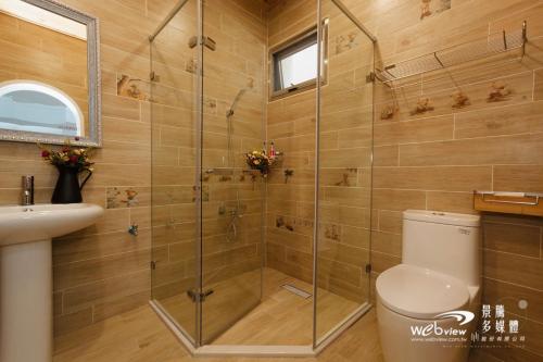 une salle de bain avec une douche avec des toilettes et un lavabo dans l'établissement Seed House, à Taïtung