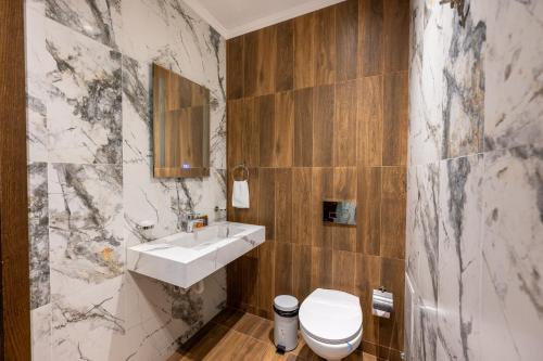 a bathroom with a sink and a toilet at Beluga Guest House in Velingrad