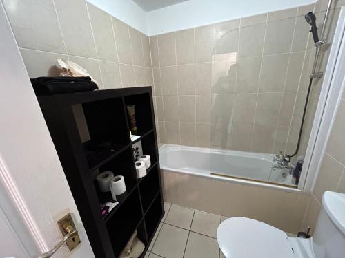 a bathroom with a toilet and a bath tub at Hayward mews holiday homes in Swords in Swords