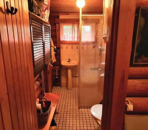 uma casa de banho com um chuveiro, um WC e um lavatório. em Cozy Beach Cabin - close to city center em Pargas