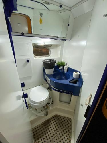 ein kleines Bad mit WC und Waschbecken in der Unterkunft Yate Gijón, experiencia única N in Gijón