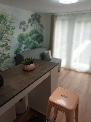 une cuisine avec un comptoir et un tabouret dans une pièce dans l'établissement Charmant studio sur Orsay, à Orsay