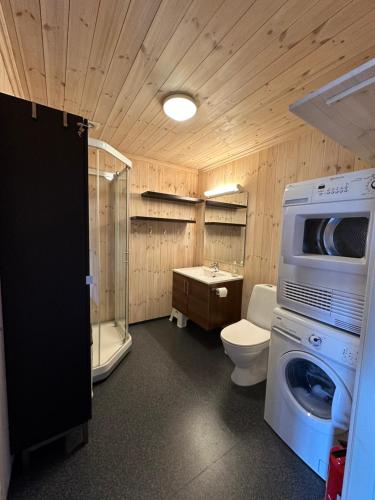 a bathroom with a toilet and a washing machine at Vrådal Panorama - Flott hytte på toppen in Sinnes