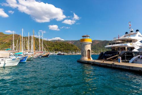 a group of boats docked at a dock in the water at Mustafa Tokalaç Castle house in Marmaris