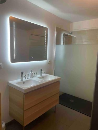 une salle de bain avec un lavabo et un miroir dans l'établissement Piscine privée sans vis à vis / Calme / Babyfoot, à Conques-sur-Orbiel