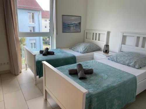 1 dormitorio con 2 camas y ventana en Ferienwohnung Diamond, en Friedrichshafen