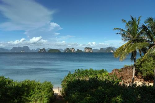 a beach with a palm tree and a view of the ocean at Six Senses Yao Noi in Ko Yao Noi