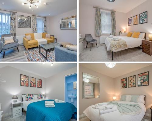 a collage of four pictures of a hotel room at Belfast City Centre - 3 bed, 3 bathroom & parking by StayByNumbers in Belfast
