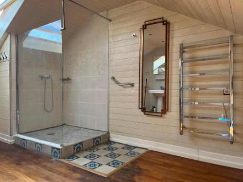 uma casa de banho com um chuveiro e uma porta de vidro em Villa atmosphère à l'ile verte em Grenoble