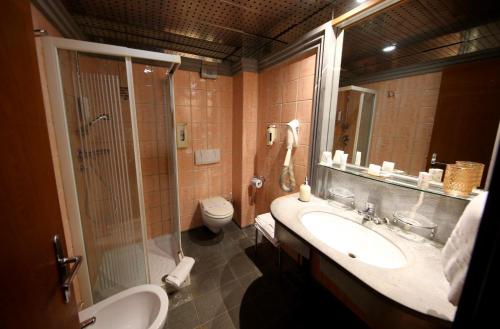 a bathroom with a sink and a shower and a toilet at HR Hotel in Monfalcone