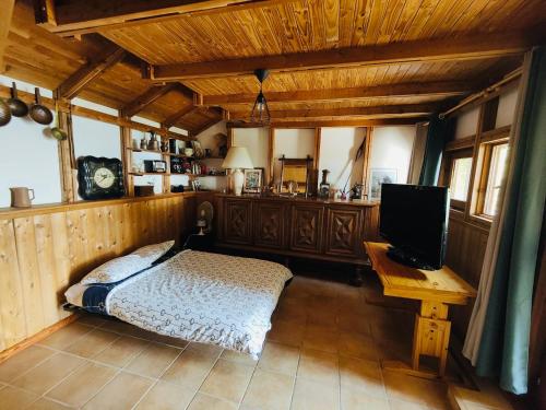 Schlafzimmer mit einem Bett und einem Schreibtisch mit einem TV in der Unterkunft Belle maison Vue imprenable lac de Serre-Ponçon in Prunières
