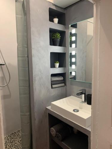 une salle de bain avec un lavabo et un miroir dans l'établissement THE HEART OF CANNES 5MIN BY LA CROISETTE AND BEACH, à Cannes