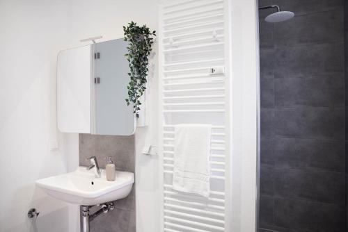 La salle de bains blanche est pourvue d'un lavabo et d'un miroir. dans l'établissement IDEE Living Design Apartment NETFLIX 6 Pers, à Weinheim