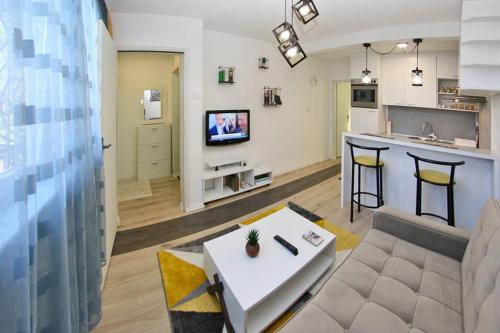 - un salon avec un canapé et une table dans l'établissement Cable Car Apartment Baščaršija, à Sarajevo