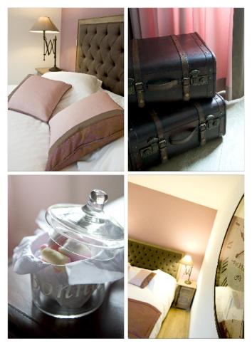 a collage of four pictures of a bedroom with a suitcase at Hôtel du Haut Koenigsbourg- entre vignes et château in Thannenkirch