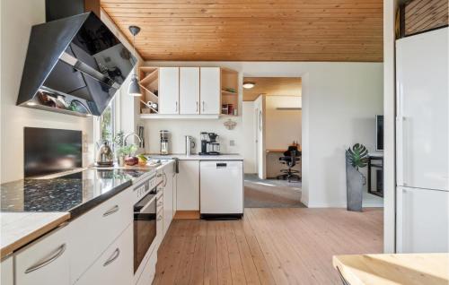 a kitchen with white cabinets and a wooden ceiling at Awesome Home In Føllenslev With Wifi in Føllenslev