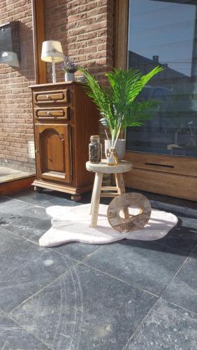 a table with a potted plant on top of a patio at A la Cour de la Sucrerie in Binche