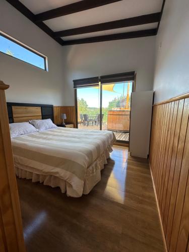 a bedroom with a large bed and a large window at Ecoraleo in Concepción