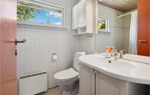 a bathroom with a sink and a toilet and a window at 2 Bedroom Nice Home In Sydals in Neder Lysabild