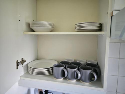 a kitchen shelf with plates and cups and dishes at Snug - Meadhan Apartment in Helensburgh