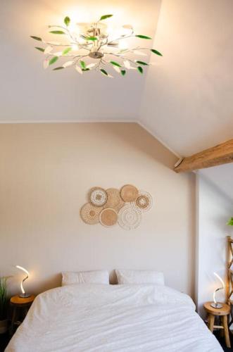 a bedroom with a ceiling fan and a bed at Domaine des Arches in Soumagne