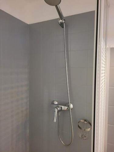 une douche avec pommeau de douche dans une salle de bain dans l'établissement IDEAL : Mer et centre ville à 2 pas +un garage, à Sainte-Maxime