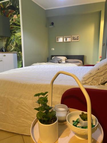 a bedroom with a bed and a table with a plant at FRONTE DUOMO in Ariano Irpino