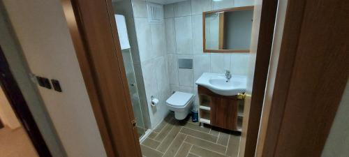 a bathroom with a sink and a toilet at Blue Port Hotel in Burhaniye