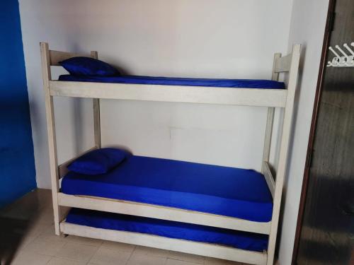 - deux lits superposés dotés d'oreillers bleus dans l'établissement Eaí Hostel, à Cabo Frio