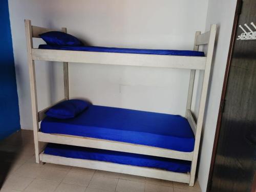 Ce lit superposé se trouve dans un dortoir doté d'oreillers bleus. dans l'établissement Eaí Hostel, à Cabo Frio