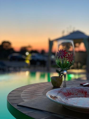 a table with a plate with a flower on it at Le stanze di chiara in Torre Lapillo