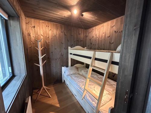 a room with two bunk beds in a wooden cabin at Ny leilighet på Norefjell - ski in/out in Noresund