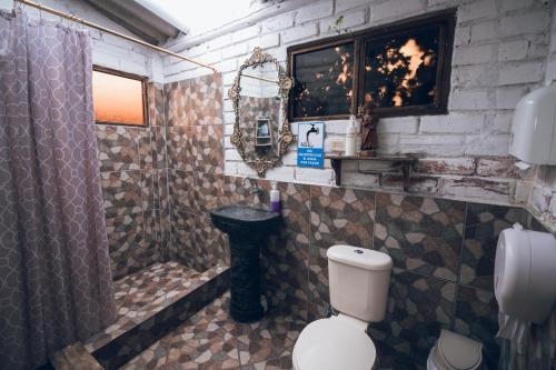 a bathroom with a toilet and a shower and a sink at Campo Wasi in Riobamba