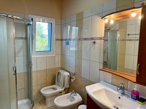 a bathroom with a sink and a toilet and a shower at Sofias Room in Marantochori