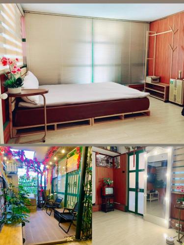 two pictures of a bedroom with a bed and a living room at Old House Homestay in Hanoi
