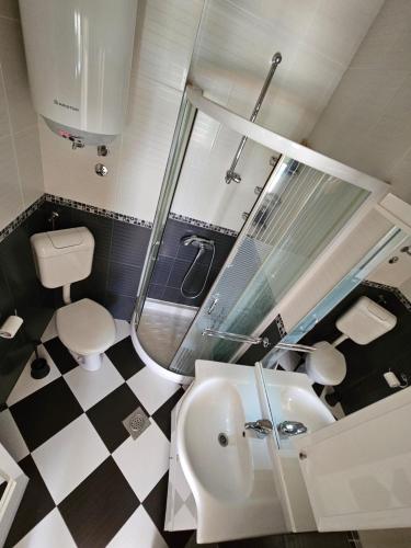 a bathroom with a sink and a shower and a toilet at Villa Ava in Kotor