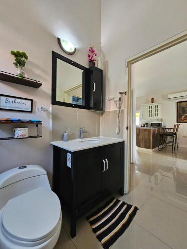 y baño con aseo, lavabo y espejo. en Royal Villa, Caymanas Country Club en Spanish Town
