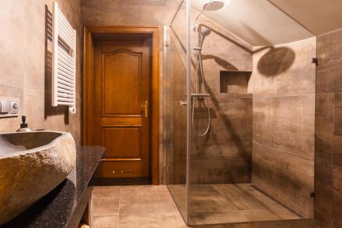 a bathroom with a shower and a sink at Hubertus Dwór Myśliwski in Opole