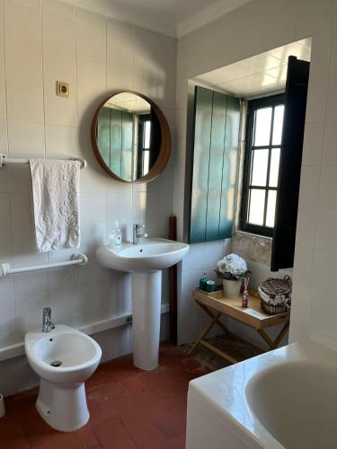 a bathroom with a sink and a toilet and a mirror at Casa da Quinta do Outeiro in Reveles