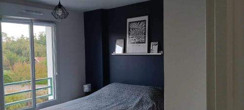 - une chambre avec des murs bleus et un lit avec une fenêtre dans l'établissement Appartement T2 proche lac, à Sanguinet