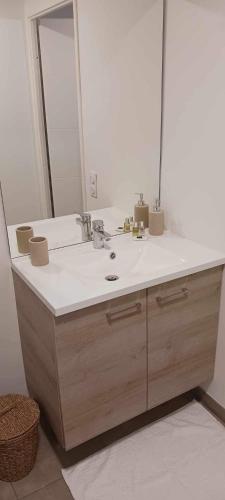 une salle de bain avec un lavabo et un grand miroir dans l'établissement Appartement T2 proche lac, à Sanguinet
