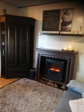 a living room with a fireplace in the corner at Het Huisje in Bergen op Zoom