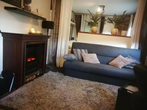 a living room with a blue couch and a fireplace at Het Huisje in Bergen op Zoom
