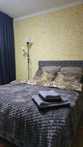 ein Bett mit zwei Handtüchern darüber in der Unterkunft 1 комн. квартира центр in Semei