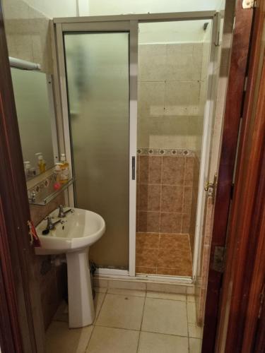 y baño con ducha, lavamanos y ducha. en Shared Apartment with the best entertainment spots, en Nairobi