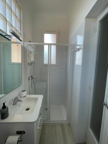 een witte badkamer met een douche en een wastafel bij 2 pièces BeHappy next Monaco in Roquebrune-Cap-Martin