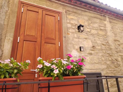 a wooden door and some flowers in front of a building at Domus Al.Me in Castelmezzano