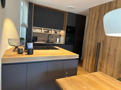 a kitchen with a counter top with a sink and a counter sidx sidx at Apartment Deluxe Ossiacher See - Gerlitzen in Sattendorf