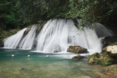 a waterfall in the middle of a river at Cozy Locale Pearl in Port Antonio