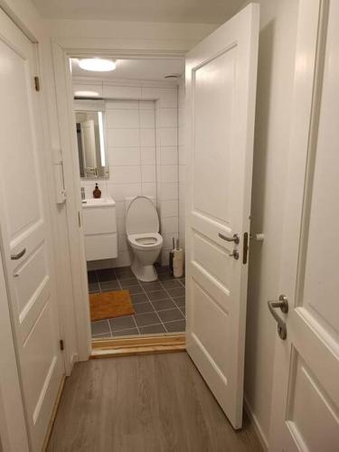 un piccolo bagno con servizi igienici e lavandino di Cozy apartment close to downtown a Tromsø